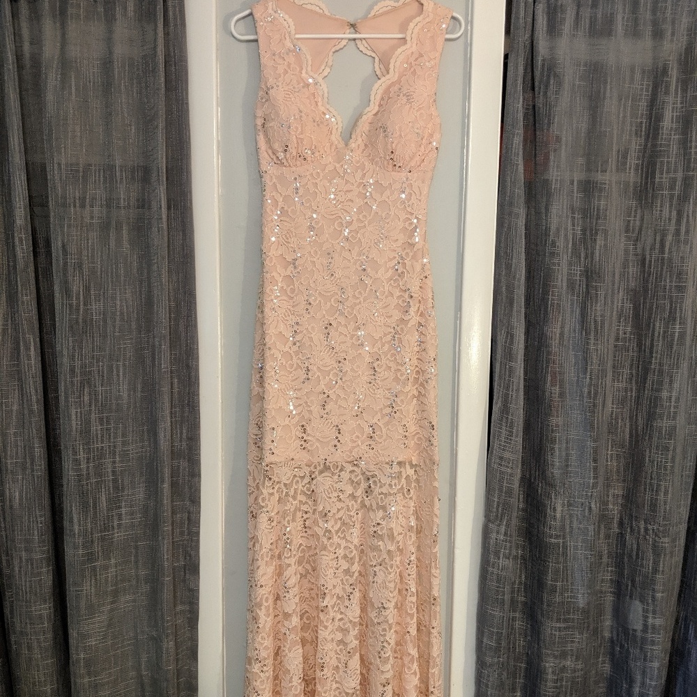 Lace pale pink prom dress